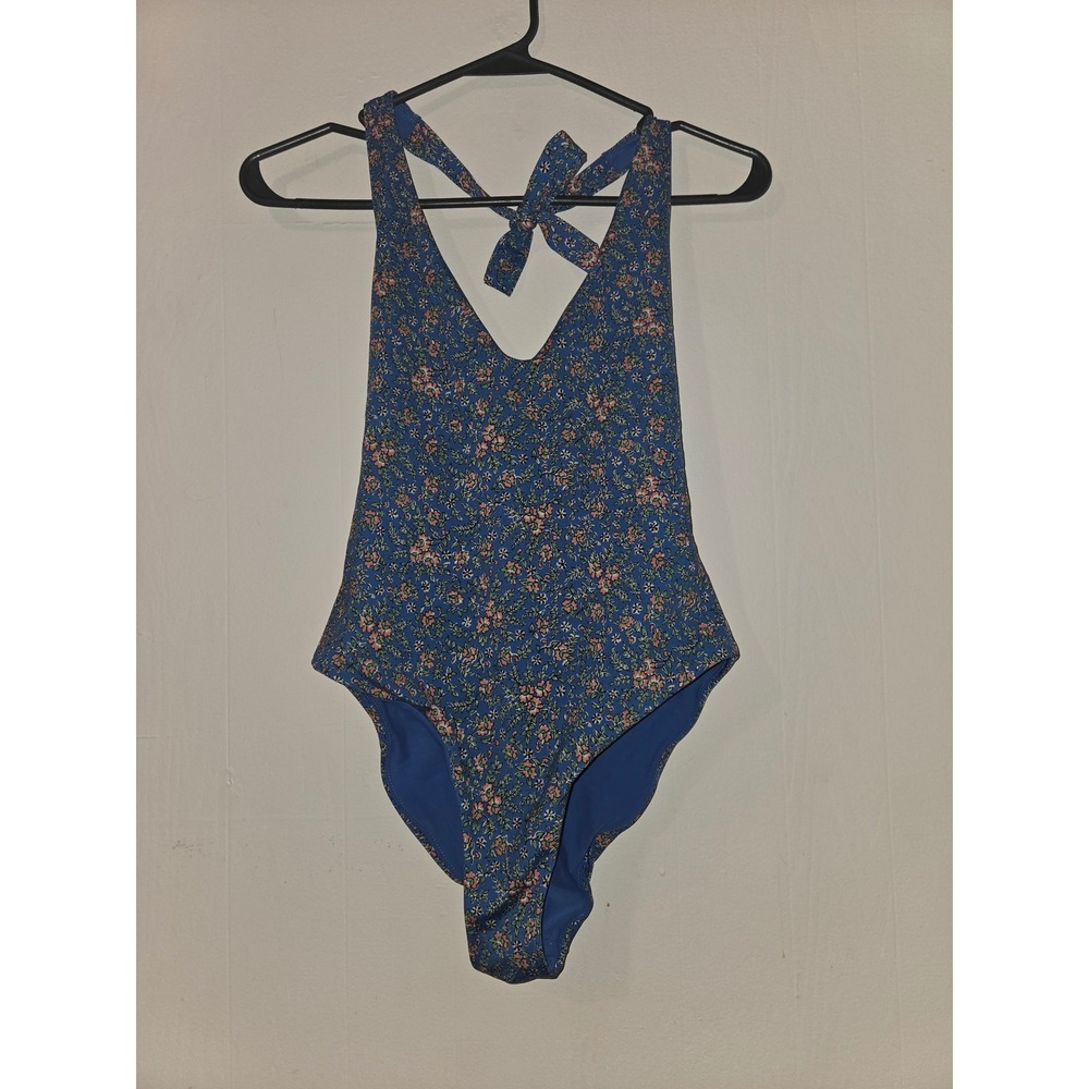 Veronica Beard Blue Floral Halter One Piece Swimsuit V-Neck Low Back Small - Picture 3 of 5